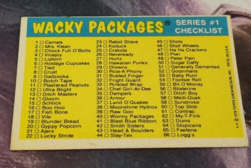 1979 Wacky Packages Topps pegatina de chicle lista de verificación #44 guantes Slaytex - Imagen 2 de 2