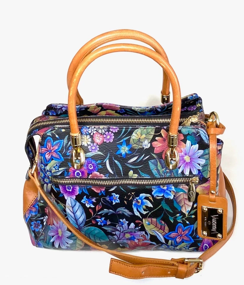 Bolso Bandolera VALENTINA Italia Negro Marrón Estampado Floral Cuero Asa Superior Foto 2 de 4