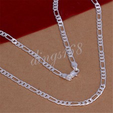Collar de cadena Figaro italiano brillante de 24 pulgadas de plata de ley 925 de 4 mm de ancho E139
