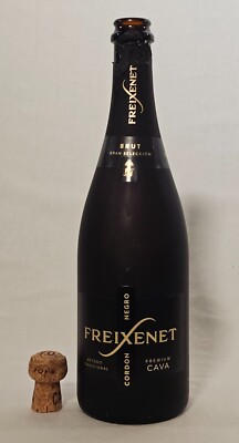 *Empty Freixenet Cordon Negro Premium CAVA Brut Bottle w/ Cork on the Side