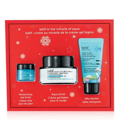 BELIF HOLIDAY AQUA MIRACLE BOMB SET FULL SIZE &TWO TRAVEL SIZE EYE & CLEANSER