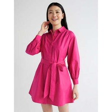 Scoop Shirtdress Womens Size XXL Fuchsia Balloon Sleeve Poplin with Pockets --M5