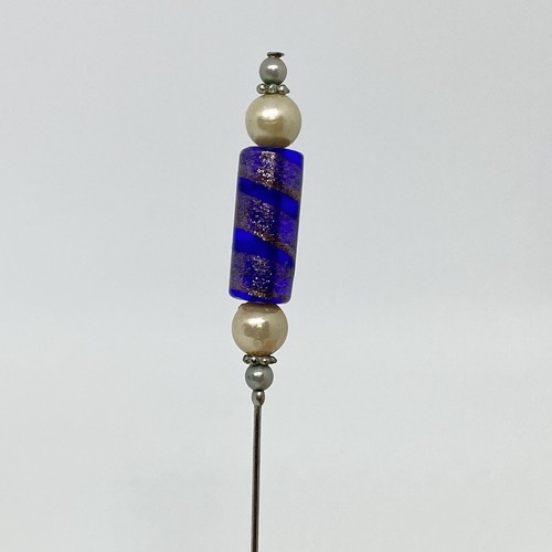 Vintage Blue Copper Swirl Art Glass Faux Pearls Stick Hat Pin 4” Retro Fashion - Picture 4 of 10