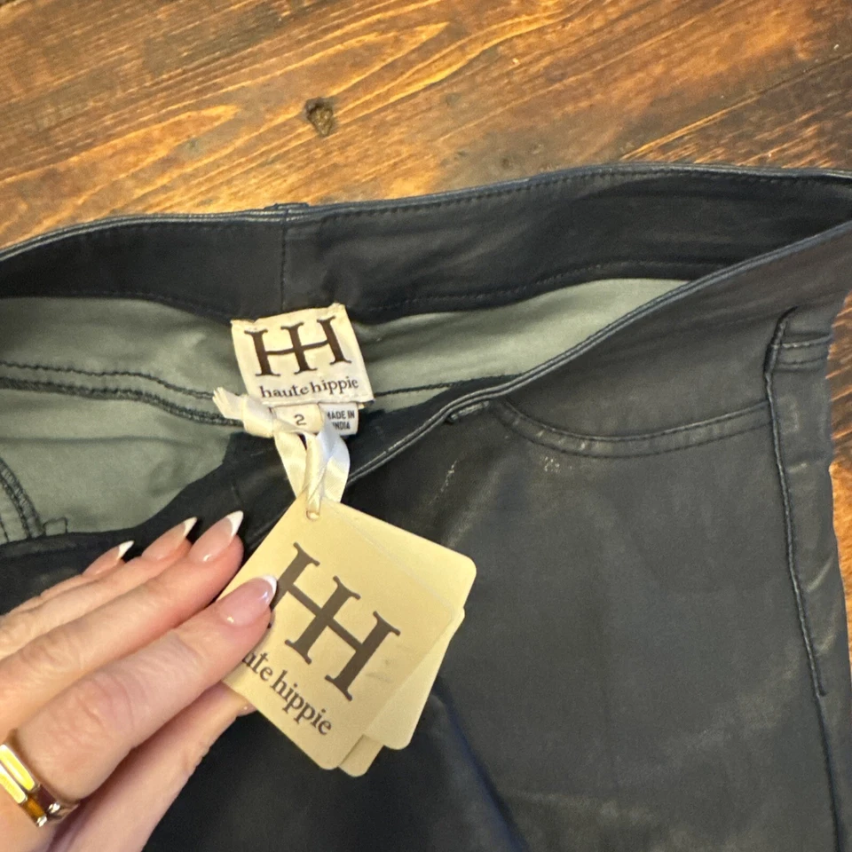 Pantalones de tiro medio 100 % piel de cordero azul marino Haute Hippie talla 2 venta al por menor $895 nuevos con etiquetas Foto 3 de 4