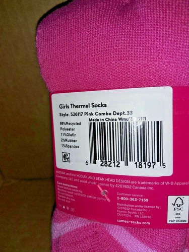 Kodiak Girls Tartan Pink/Gray Large 4-10 Thermal Socks 2 pair pack - Picture 4 of 5
