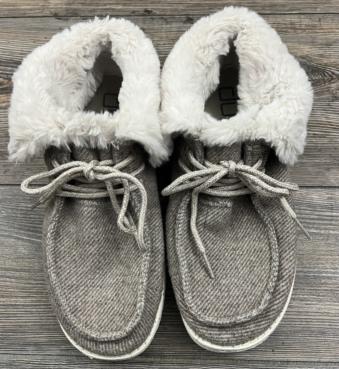 Hey Dude BRITT Boot Womens Size 8 Beige Lace Tie Shoes Faux Fur