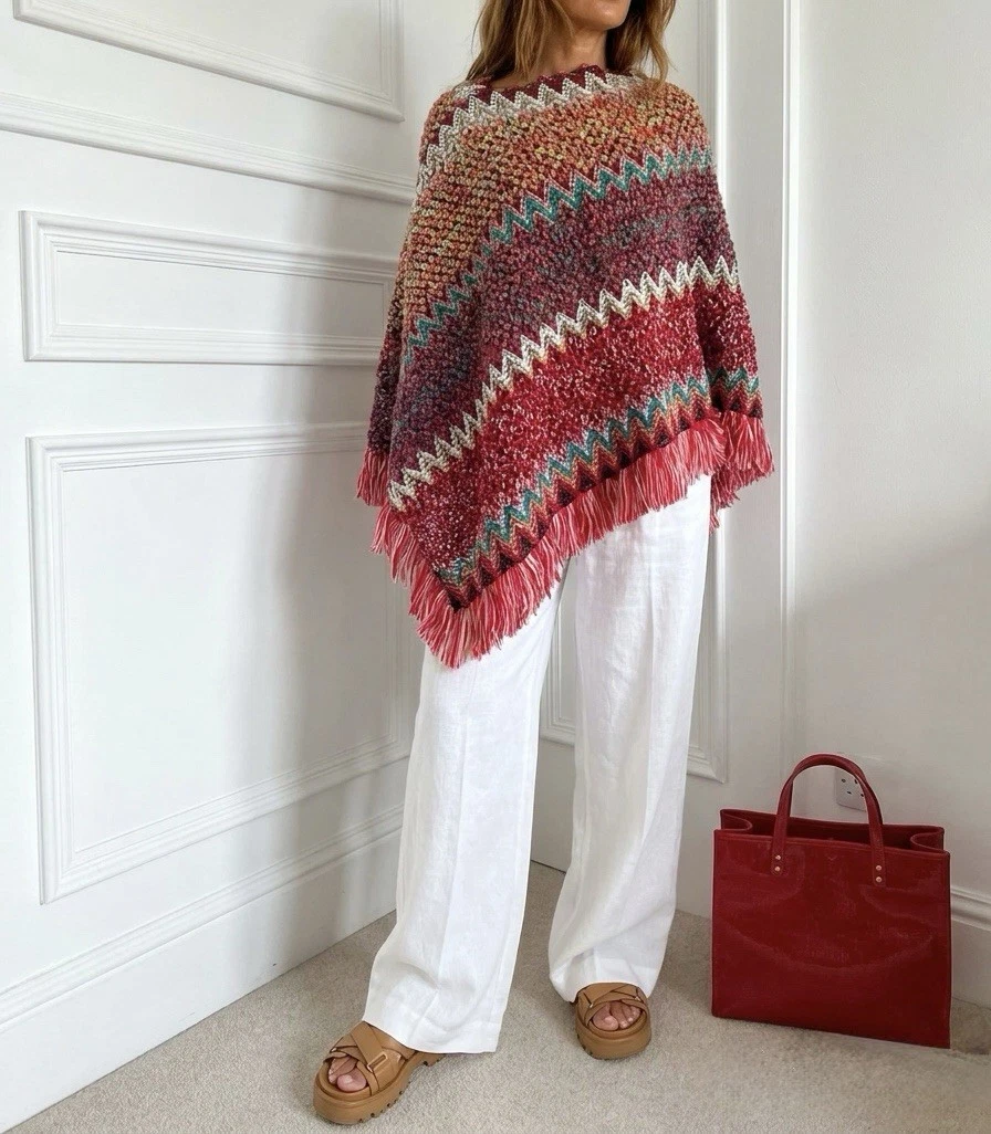 Crochet Knitted Edgy Urban Boho Hippy Knit Winter Poncho Jumper Jacket 8 10