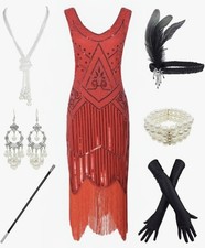      1920s Gatsby Sequin Fringed Paisley Flapper Dress w/ 20s Accessories Set XS