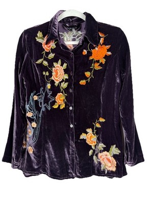 Como No? Purple Velvet Embroidered Floral Button Down Top Womens S/M Art to Wear