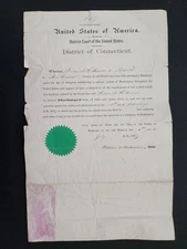 1868 antique BANKRUPTCY DOCUMENT norwich ct FREDERICK H BREWER wm shipman judge