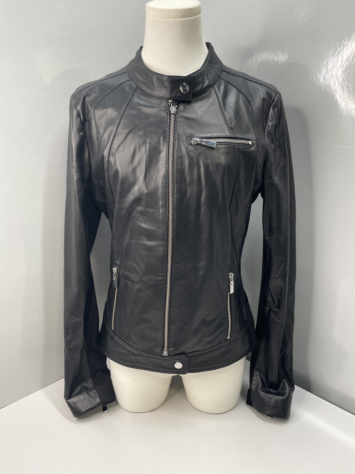 Arma Womens Leather Jacket Black Size US 4/IT 40 Lambskin Biker Full Zip Lined