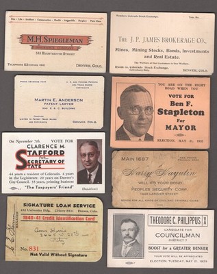 8 DIFF DENVER CO OLD~ADV TRADE/BUSINESS CARDS,INS~LOAN~LAWYER~MINES~BONDS  C1349