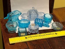 9 cornflower blue Glass EAPG salt cellars dog anvil