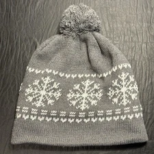 Juncture Gray with White Snowflake Print Winter Hat Fleece Lined with Pom Top