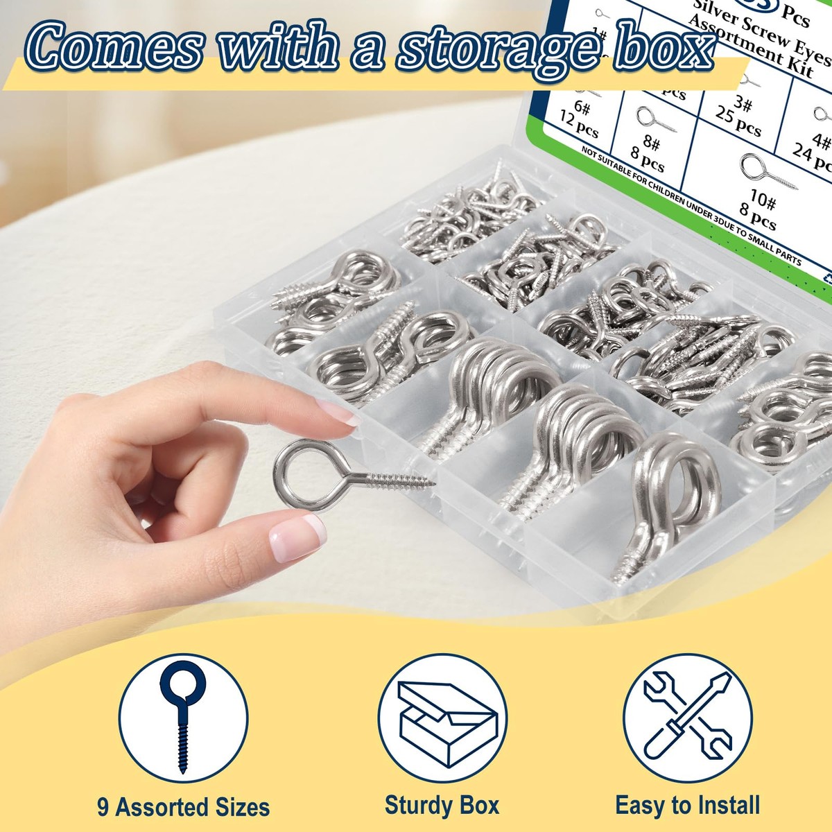 195-Piece Screw Eyes Assortment Kit – 9 Sizes (0.73 To 1.8 Inch) – Zinc-Plated Steel, Self-Tapping, In A Handy Storage Case