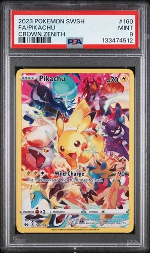 2023 POKEMON SWORD & SHIELD CROWN ZENITH #160 ALT FULL ART FA PIKACHU PSA 9