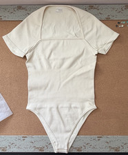 OQQ Bodysuit Womens Large Cream Square Neck Short Sleeve Yoga NWOT
