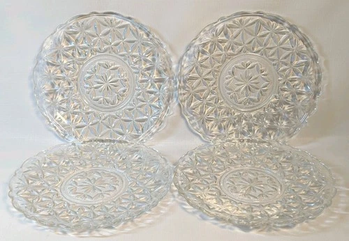 Vtg Luncheon Plate Set 4 Glass Clear Starburst Scalloped Edges Hocking MCM Glass