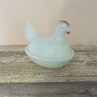 Vintage Hen on Nest White Milk Glass Covered Dish Trinket Tray Farmhouse 4.25”