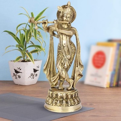 Brass Statue Lord Krishna Mit Flöte Für Puja Mandir, Hindu Figurine
