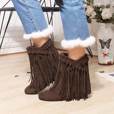EUR 41 Flache Stiefeletten mit Fransen Ankle Boots Retro Herbst Winter Schuhe