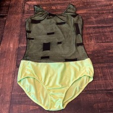 Adult Size Small Revolution Dancewear Dance Leotard Lime Green Black Netting EUC