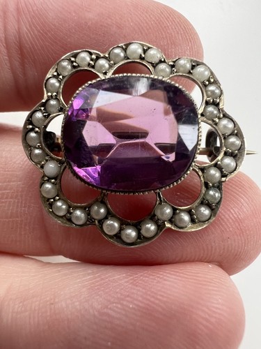 Antique Emerald Cut Amethyst Paste & Seed Pearl Sterling Silver Brooch Pin 0.9" - Picture 4 of 6