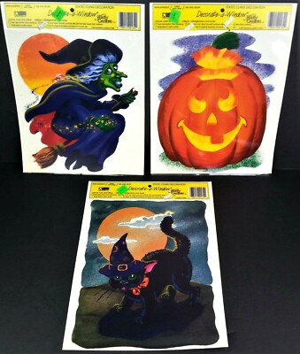Halloween Window Cling x3 VINTAGE Witch Jack-o-lantern Cat 90s Decorate-a-Window