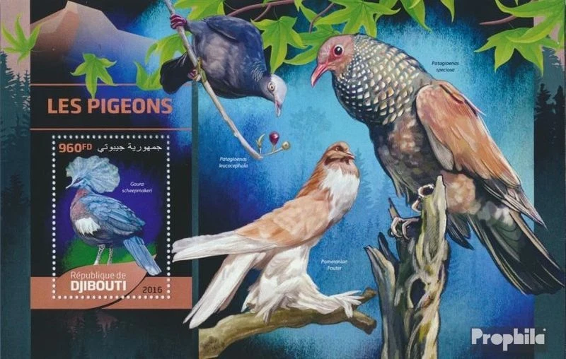 djibouti bloc-feuillet 361 neuf 2016 pigeons - Photo 1/1