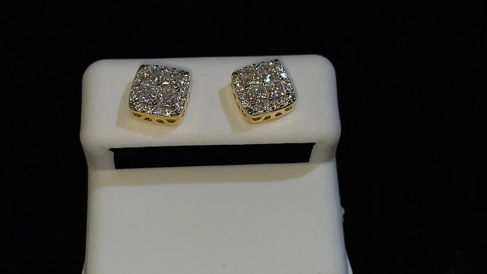 Aretes de moissanita blanca de corte redondo de 1 quilate enchapados en oro amarillo de 14 quilates para hombre Foto 3 de 3