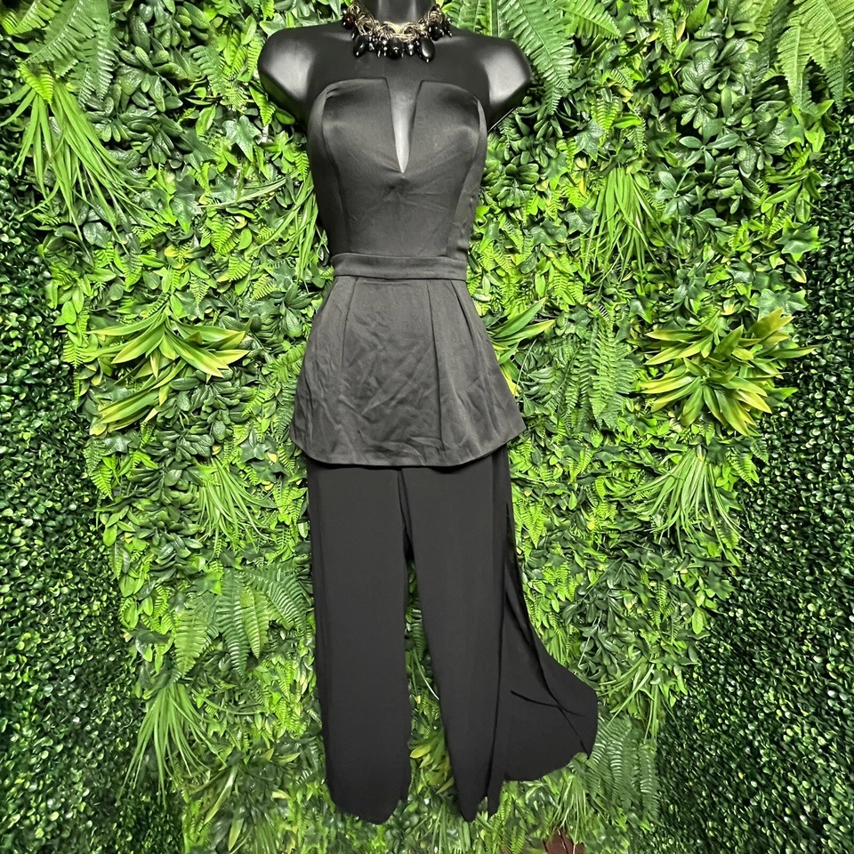 Mono mujer semilla mostaza pequeño negro pantalones sin tirantes peplum pierna transparente 1711 Foto 2 de 4