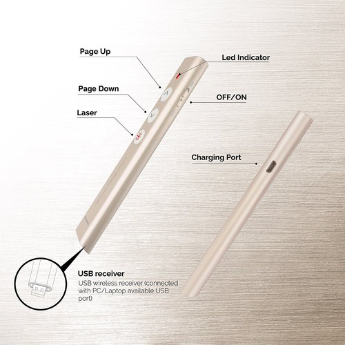 Kavalan Aluminum 2.4G Rechargeable Wireless Presenter Remote Red Pointer , Gold - 第 5/7 張圖片