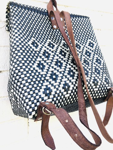 New Hand Crafted Recycled Plastic Braided Black White Backpack Bag Leather Trim - Picture 6 of 6