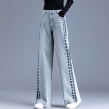 Women High Waist Wide Leg Jeans Embroidered Denim Pants Trousers Loose Fit Blue