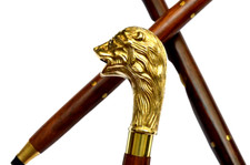 Brass Victorian Lion Face Handle wooden brown Brass inlay Walking Stick Cane