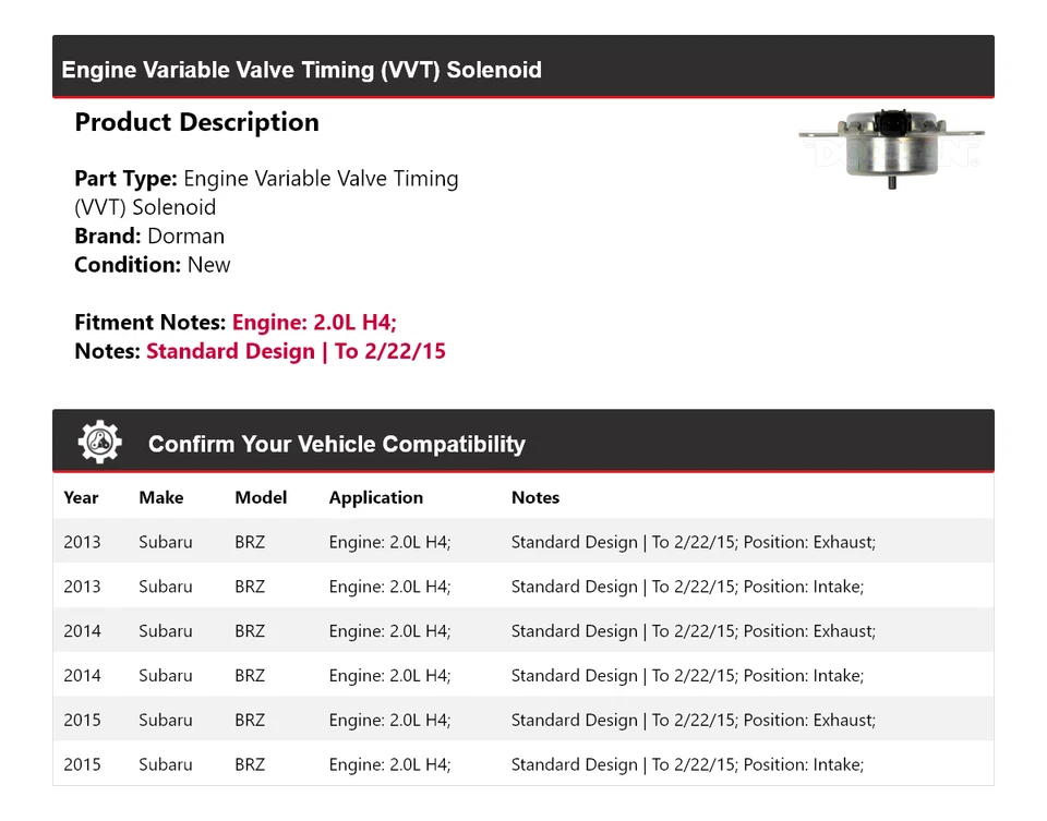 Solenoide VVT 2014 para Subaru BRZ 2,0 L H4 motor Dorman 2013-2015 Foto 2 de 4