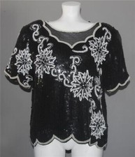 VTG Floral Scroll Beads Sequins Pearls Scalloped Edge Evening Party Blouse Wms L