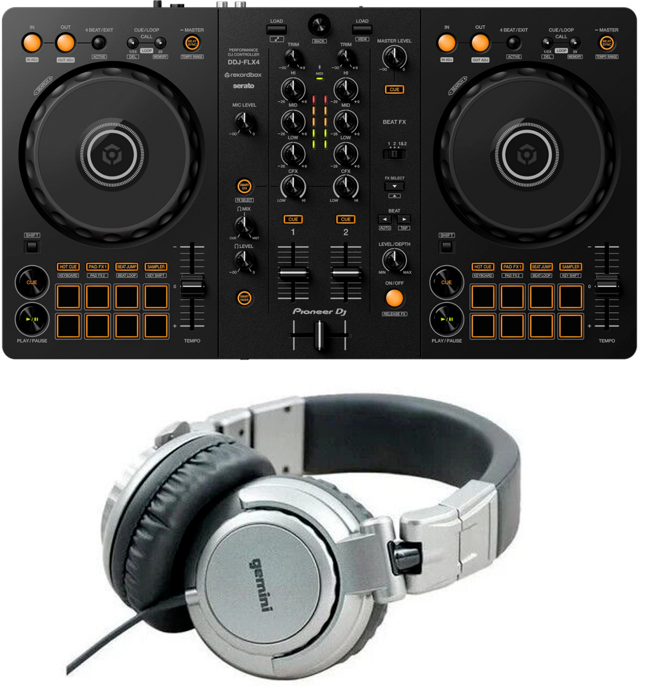2-канальный диджейский контроллер Pioneer DDJ-FLX4 черный НОВЫЕ диджейские наушники Gemini DJX-500 58890₽