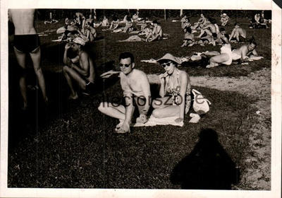 #ad 1958 Couple sunbathing In public Park Europe Photo 5 x 3.5 Inch GBP 10.00