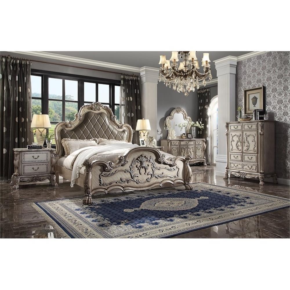 ACME Dresden Faux Leather Tufted Queen Panel Bed in Vintage Bone White