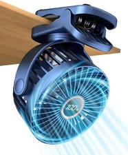Portable Mini Clip Fan Rechargeable 360 Clamp 3 Speed LED Display Blue