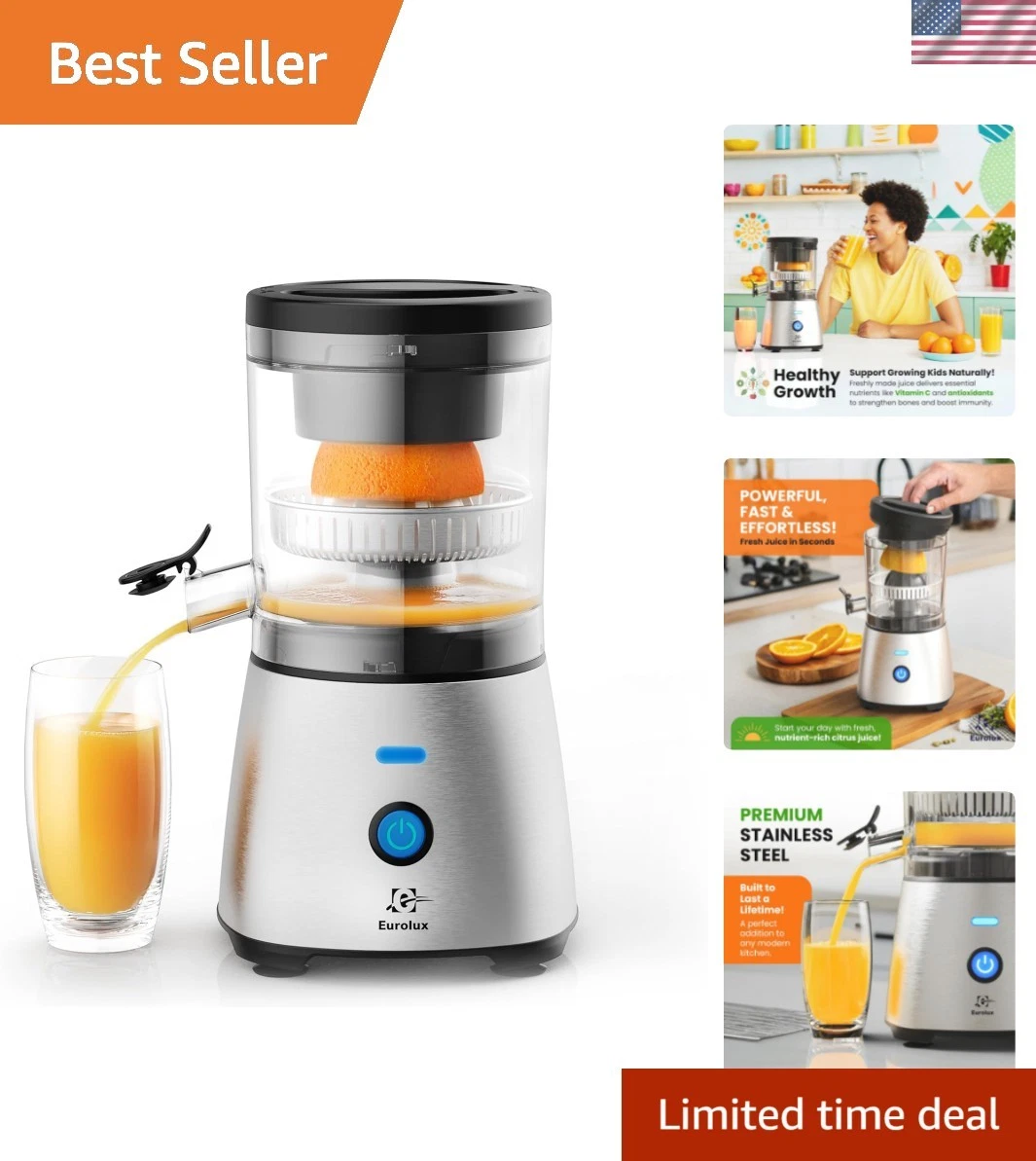 Electric Citrus Juicer Stainless Steel | Hands-Free One-Touch Orange Juice S...