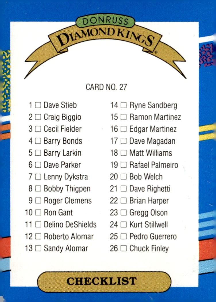 1991 Donruss #27 Checklist Super Diamond Kings