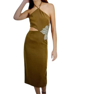 Avec Les Filles 10 Chiffon Olive Brown Cutout Halter Midi Dress Beaded Applique