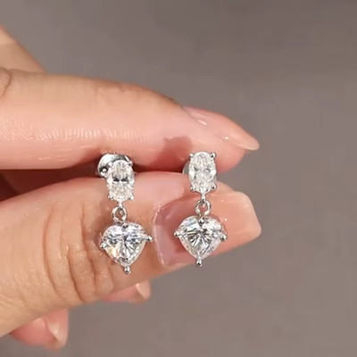 3CTTW Simple Heart Oval Moissanite 925 Silver Dangle Drop Stud Earrings with