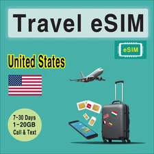 [eSIM] USA United States Travel SIM Card, 7-30 Days,1-20GB, Call & Text, QR Code