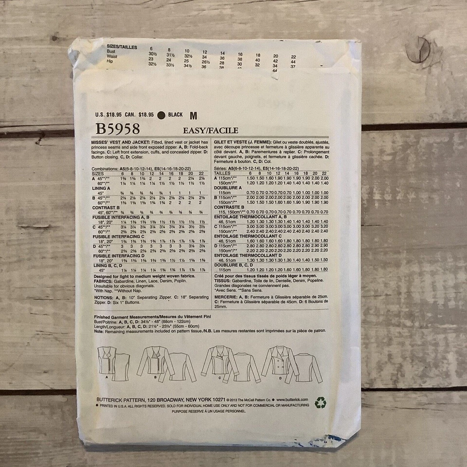 Butterick 5958 Sewing Pattern Lined Jacket Vest Misses Size 6-14 UNCUT - Image 2 of 4