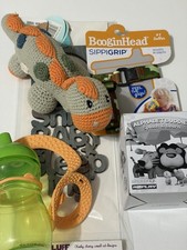 Baby boy gift set NWT Dinosaur knitted sleep sign sippi  bottle grip bathtoys