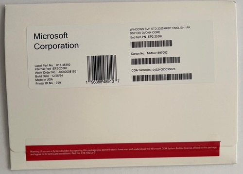 Microsoft Windows Server 2025 Standard 64 Core DVD+ Product Key Sealed - Picture 1 of 2