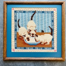 Framed Vintage Sunset Needlepoint Siamese Kittens Cat Wall Hanging 14"